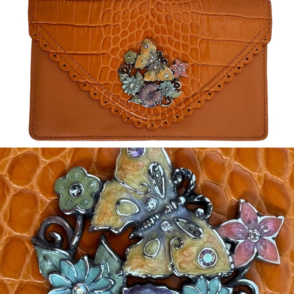 BRIGHTON Butterfly Clutch Billfold Wallet Leather Rhinestones Flowers